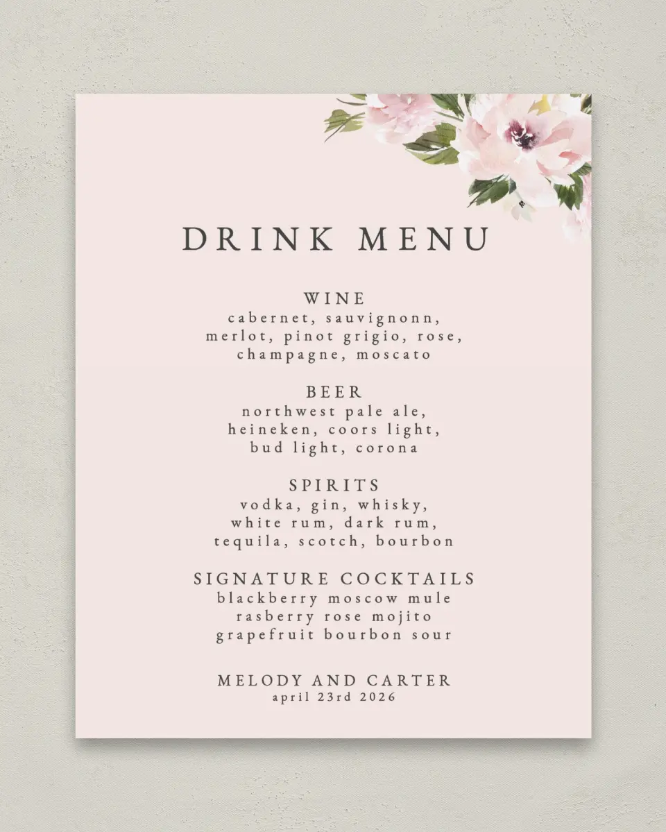 This is a 8" x 10" Menu Sign called Sweet Floral printed in full color with Gold foil