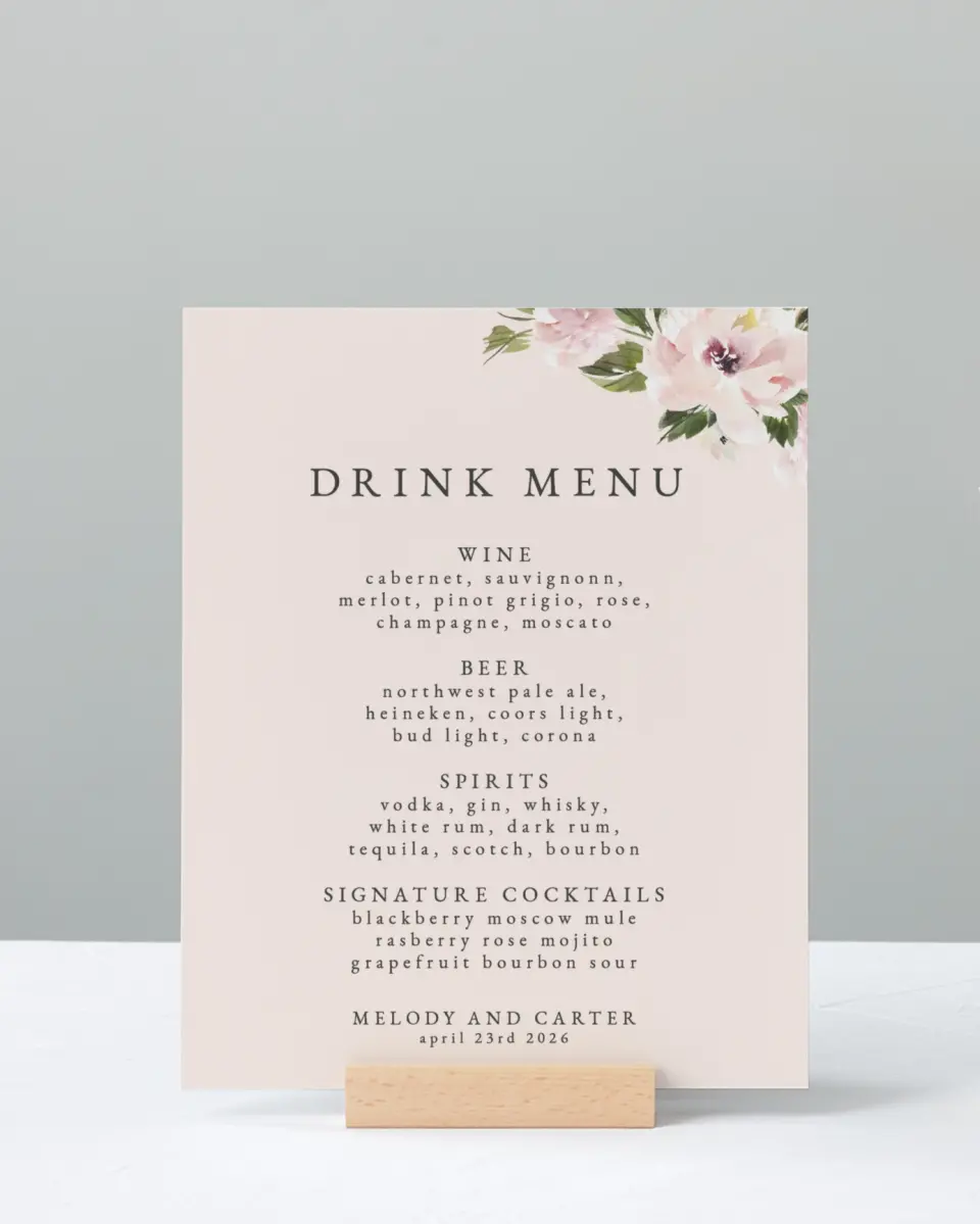 This is a 8" x 10" Menu Sign called Sweet Floral printed in full color with Gold foil