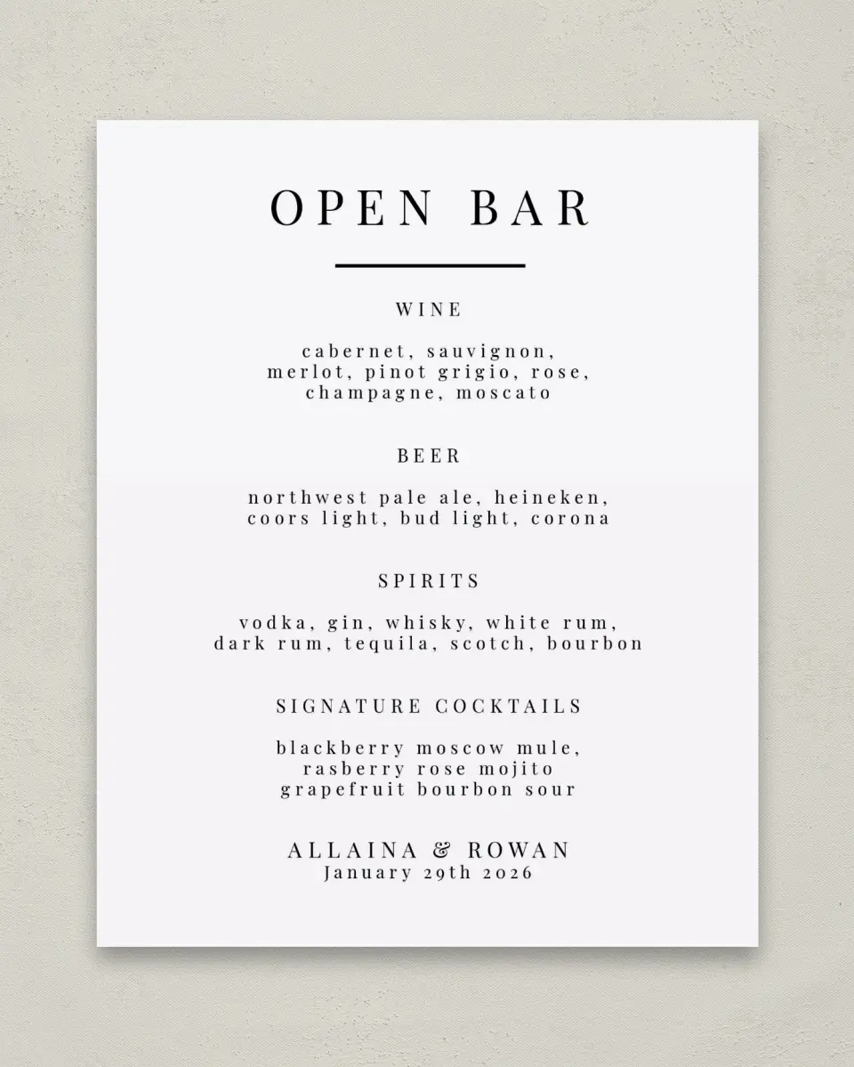 This is a 8" x 10" Menu Sign called Pure Devotion printed in full color with Rose Gold foil