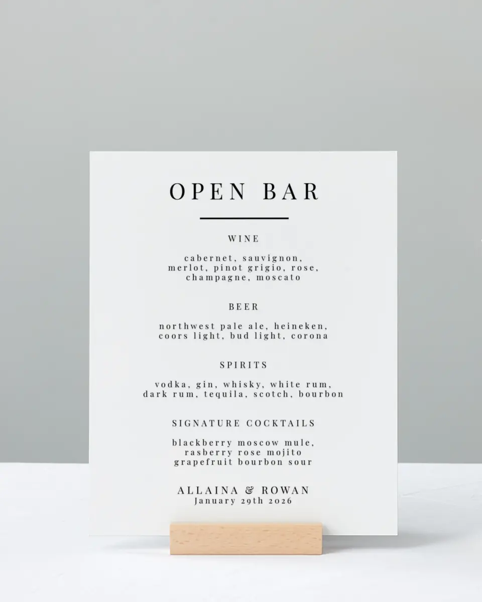 This is a 8" x 10" Menu Sign called Pure Devotion printed in full color with Silver foil