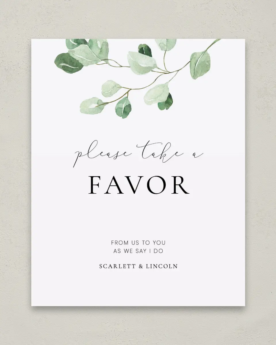 This is a 8" x 10" Favor Sign called Sweet Greenery printed in full color with Gold foil