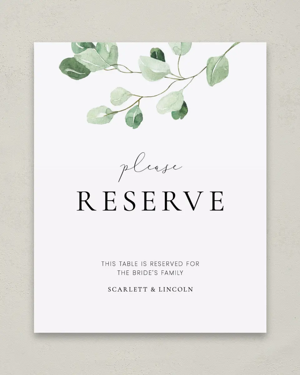 This is a 8" x 10" Reserved Seating Sign called Sweet Greenery printed in full color