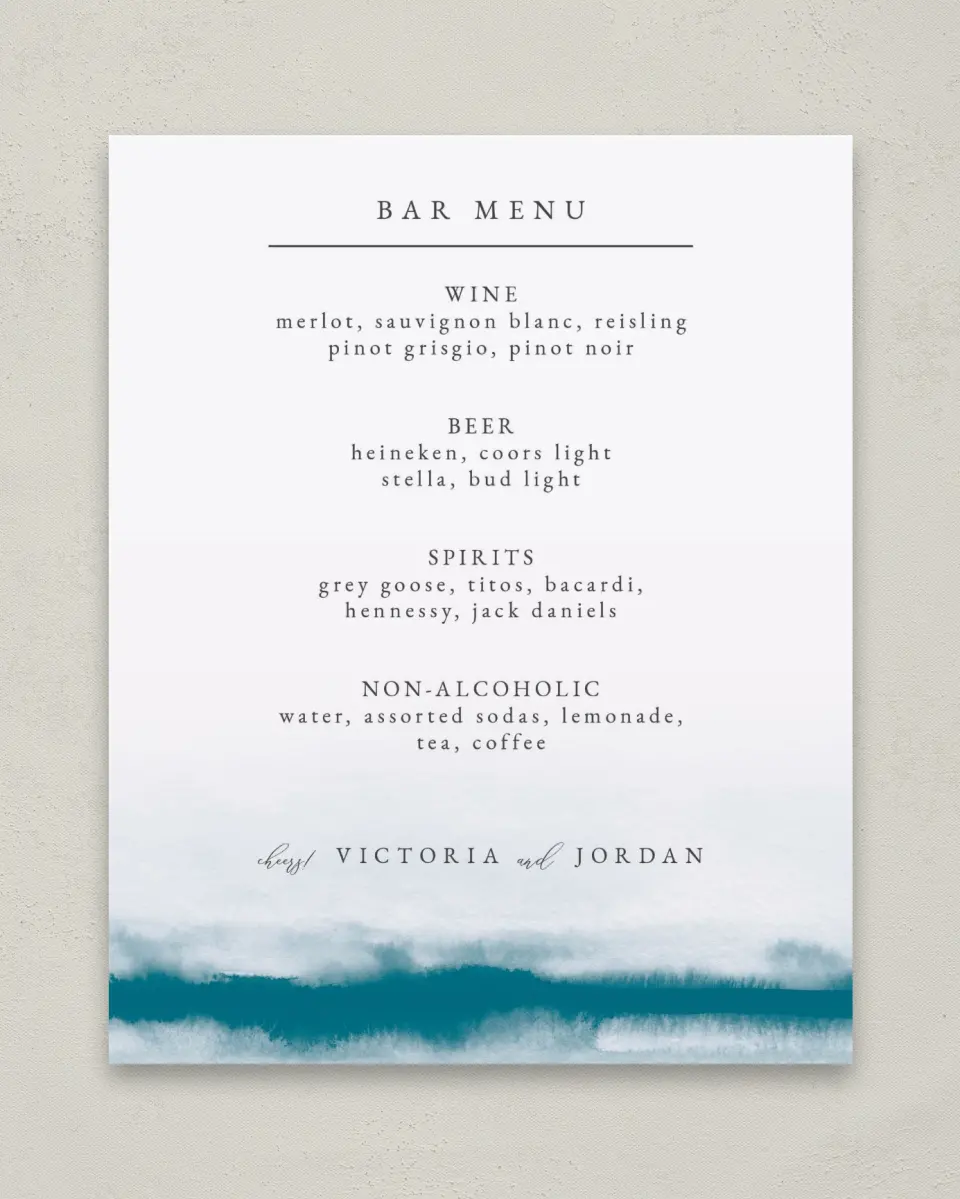 This is a 8" x 10" Menu Sign called Shore Impression printed in full color with Gold foil