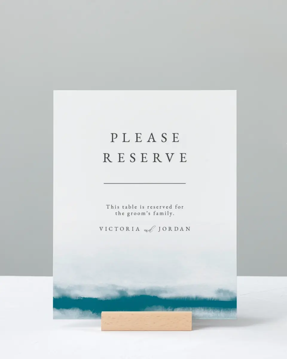 This is a 8" x 10" Reserved Seating Sign called Shore Impression printed in full color with Gold foil