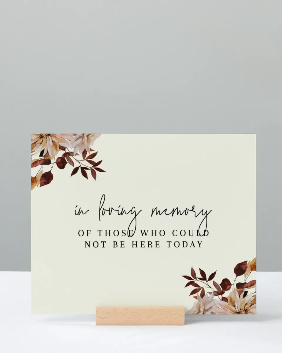 This is a 8" x 10" Loving Memory Sign called Country Blooms printed in full color with Rose Gold foil