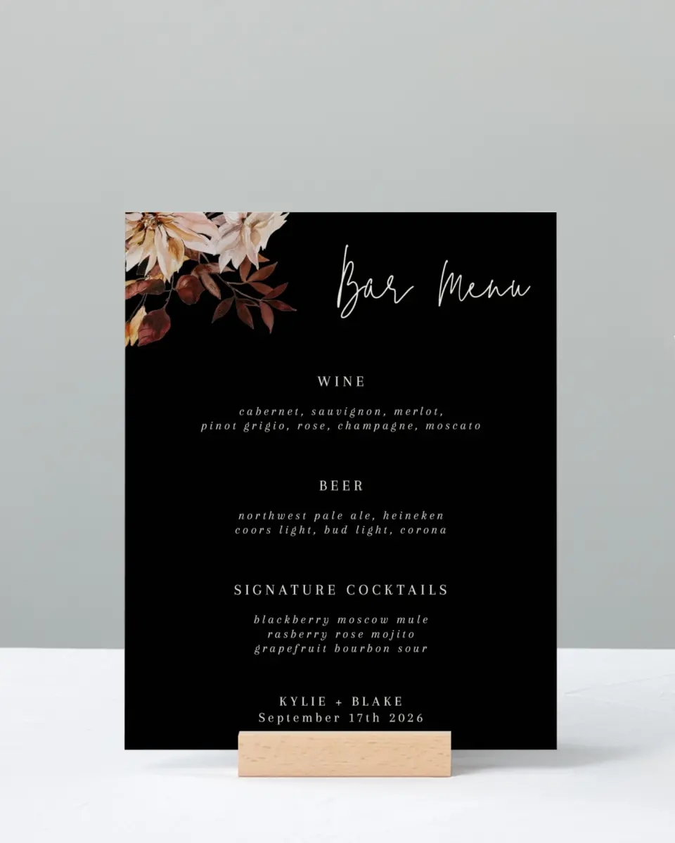 This is a 8" x 10" Menu Sign called Country Blooms printed in full color with Silver foil
