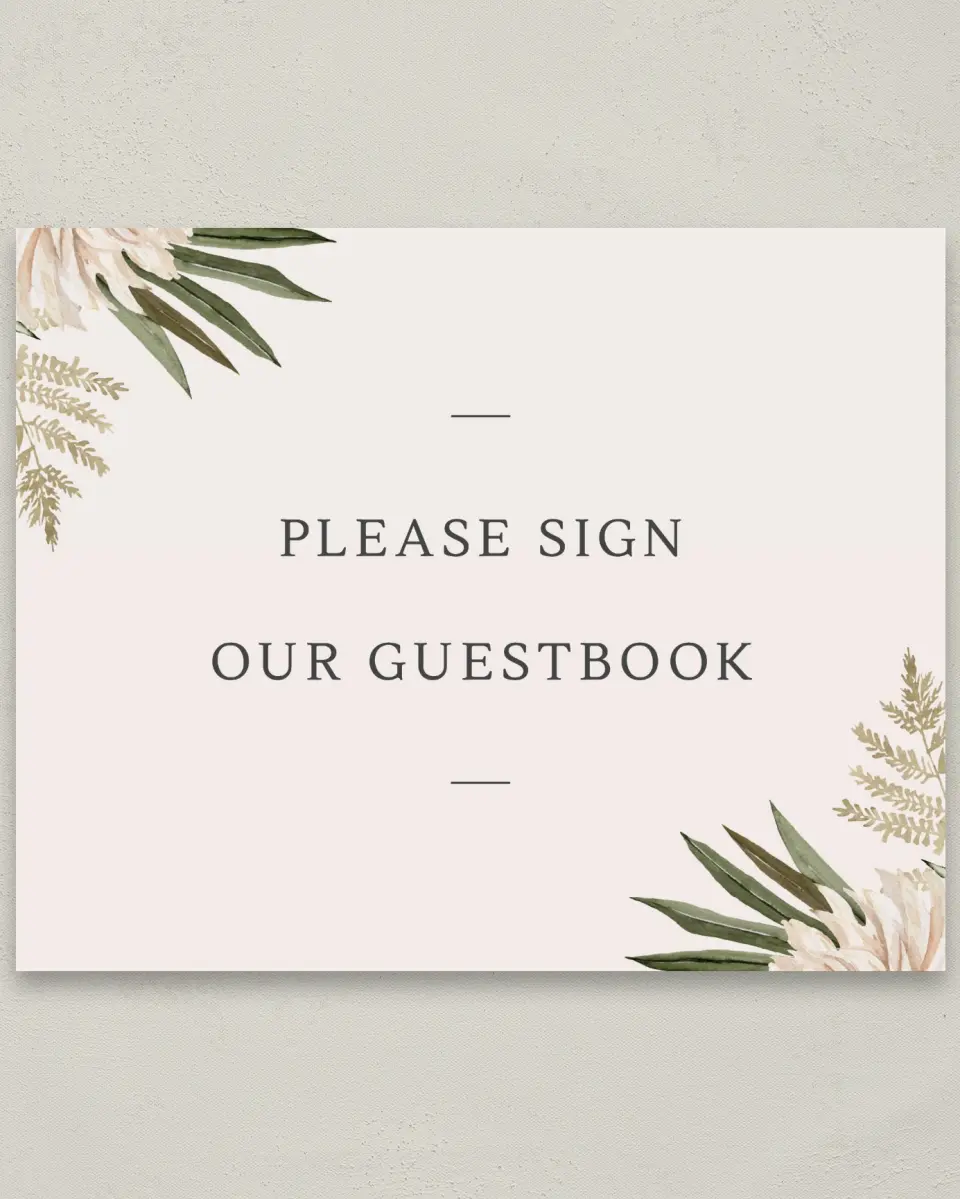 This is a 8" x 10" Guest Book Sign called Serene Flora printed in full color with Gold foil