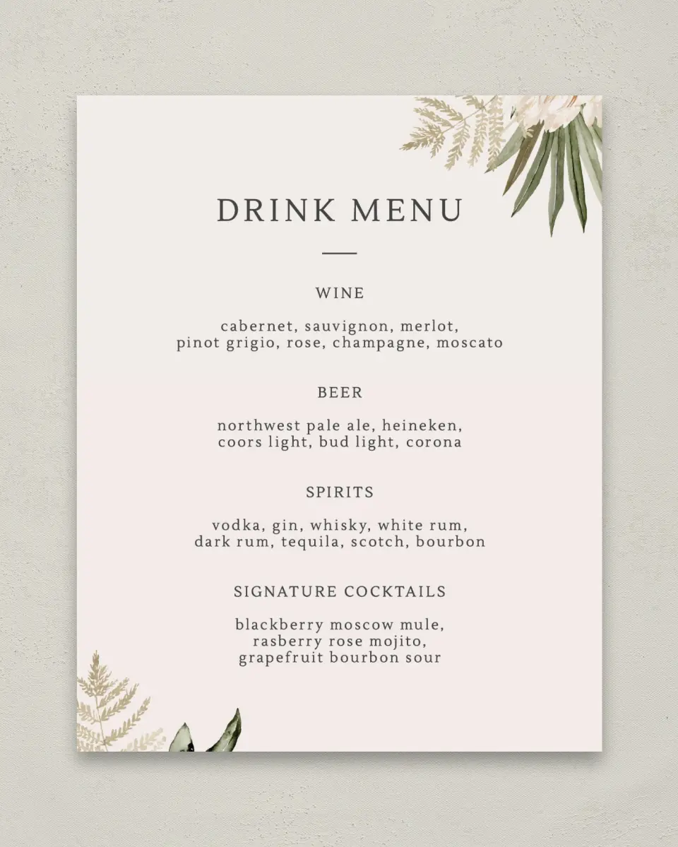 This is a 8" x 10" Menu Sign called Serene Flora printed in full color with Gold foil