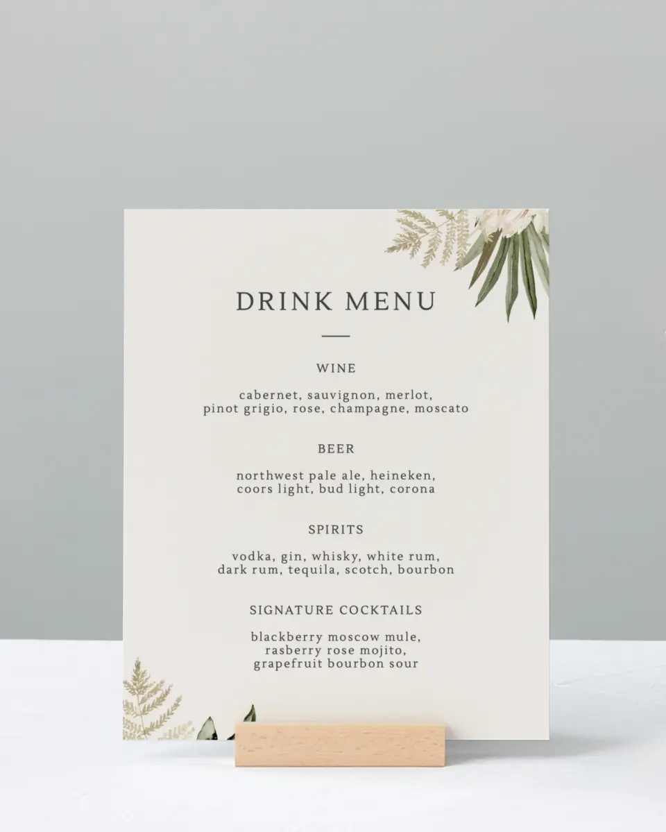 This is a 8" x 10" Menu Sign called Serene Flora printed in full color