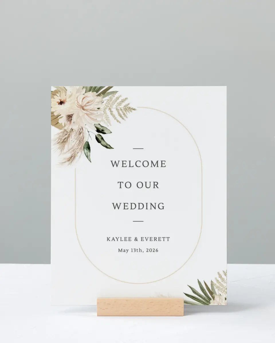 This is a 8" x 10" Welcome Sign called Serene Flora printed in full color with Rose Gold foil