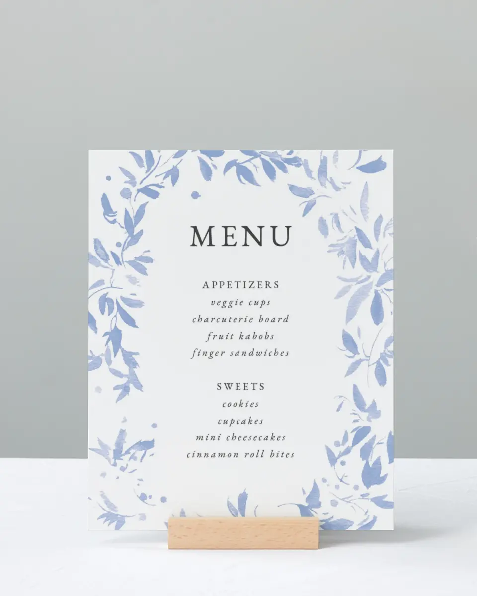 This is a 8" x 10" Menu Baby Shower Sign called Spring Surround printed in full color with Silver foil