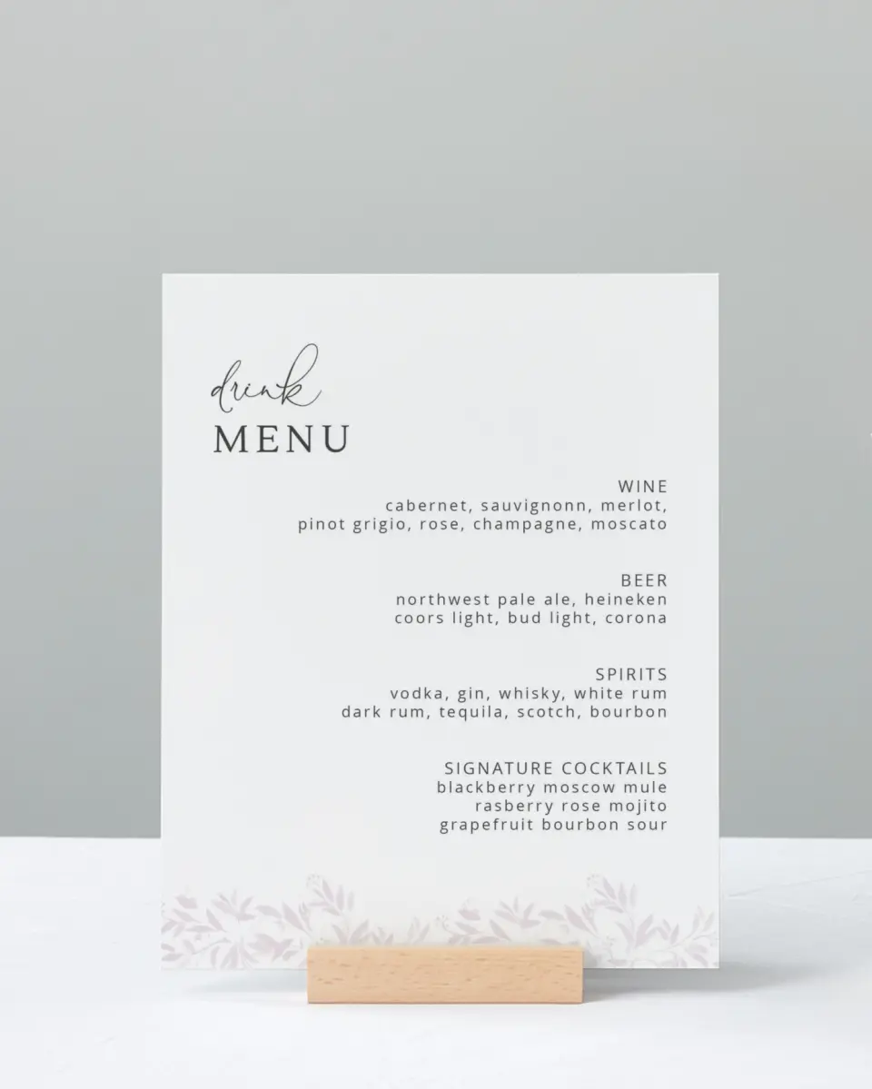 This is a 8" x 10" Menu Sign called Lush Leaves printed in full color with Gold foil