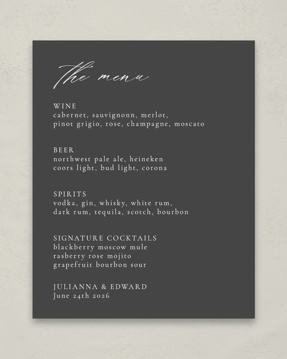 This is a 8" x 10" Menu Sign called Distinct Lines printed in full color with Rose Gold foil