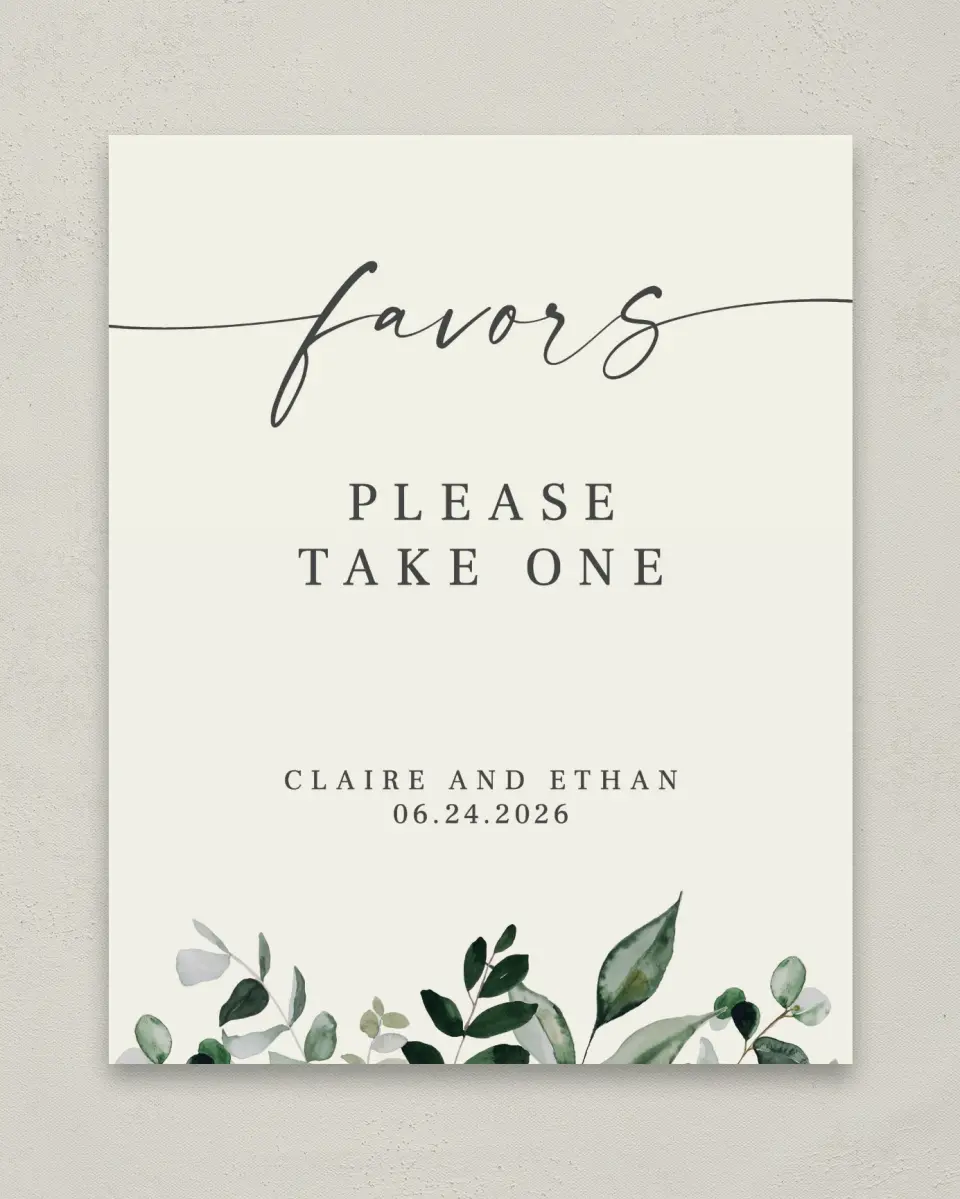 This is a 8" x 10" Favor Sign called Eucalyptus Greenery printed in full color with Gold foil