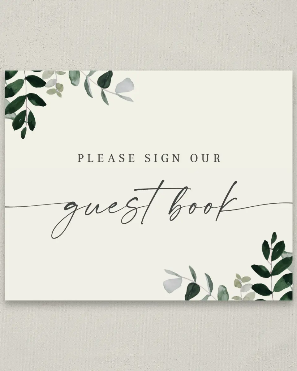 This is a 8" x 10" Guest Book Sign called Eucalyptus Greenery printed in full color