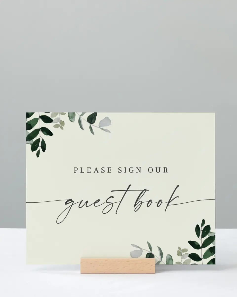This is a 8" x 10" Guest Book Sign called Eucalyptus Greenery printed in full color