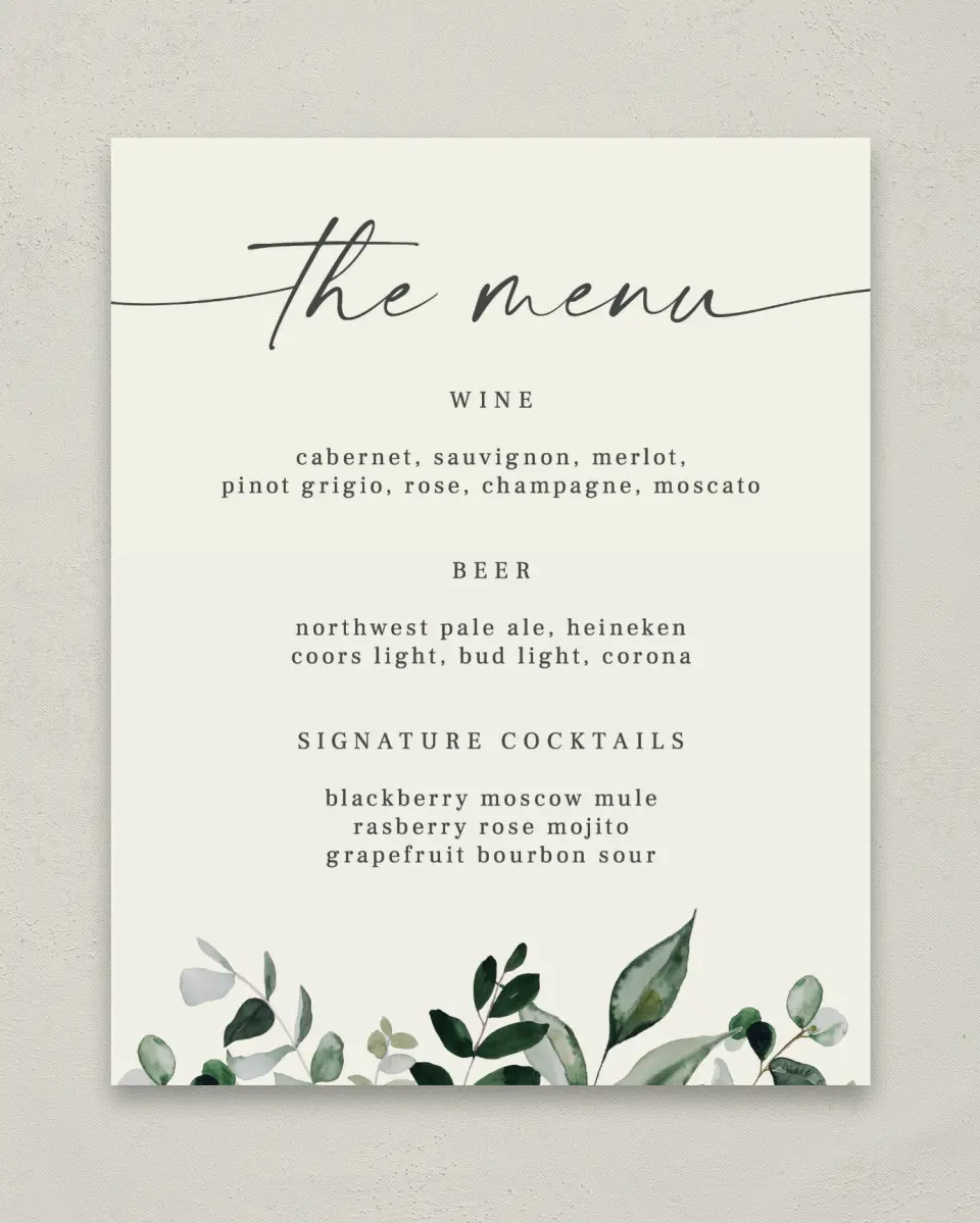 This is a 8" x 10" Menu Sign called Eucalyptus Greenery printed in full color with Gold foil