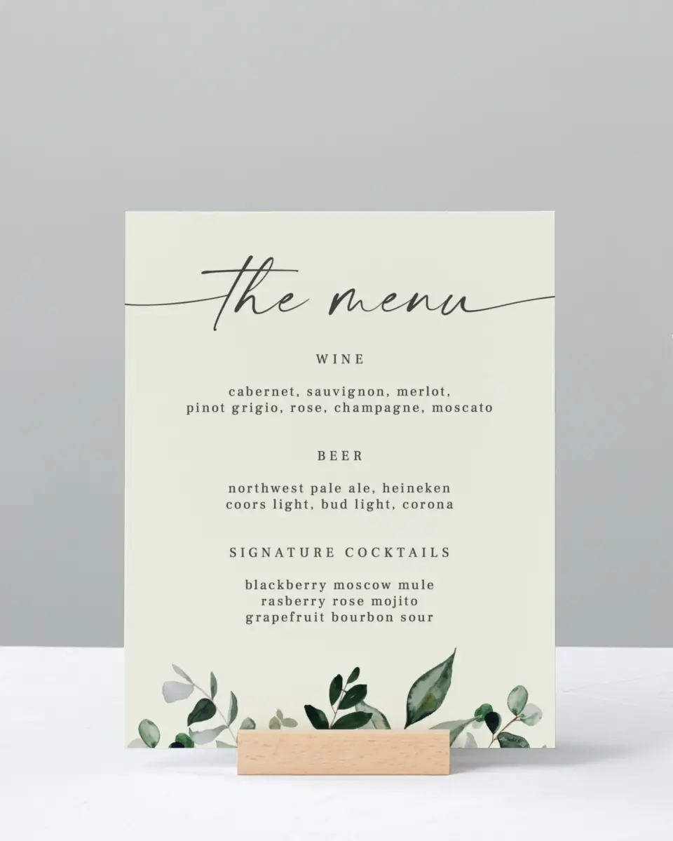 This is a 8" x 10" Menu Sign called Eucalyptus Greenery printed in full color