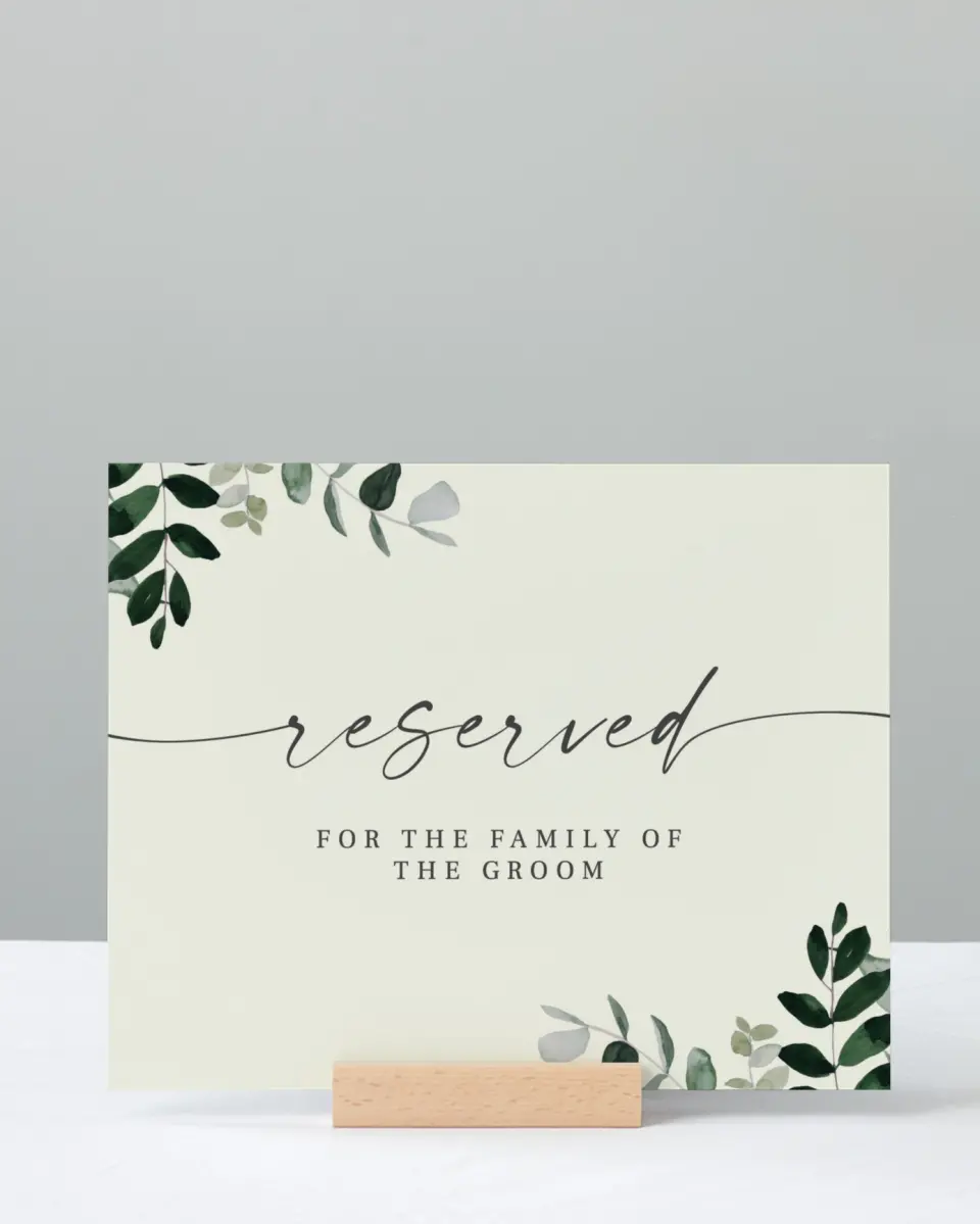 This is a 8" x 10" Reserved Seating Sign called Eucalyptus Greenery printed in full color