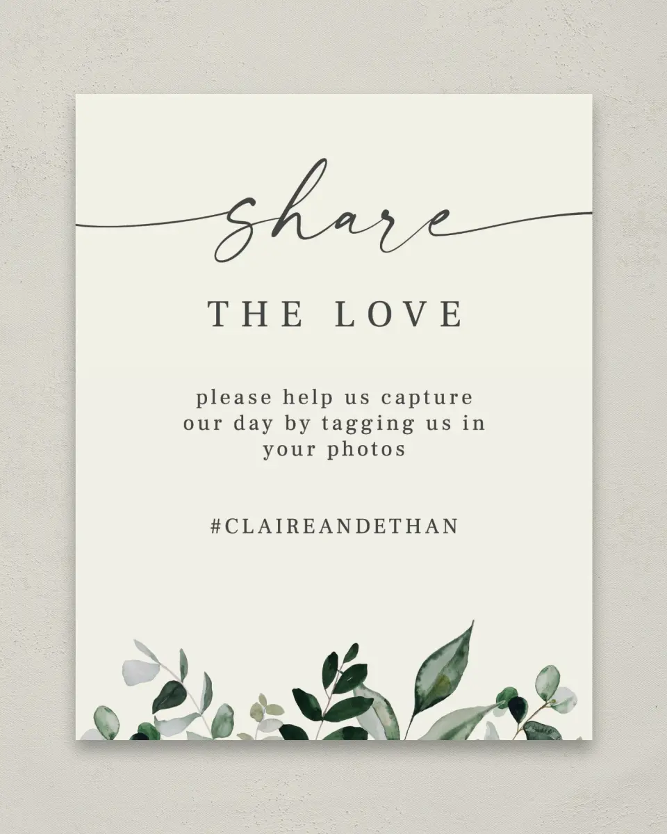 This is a 8" x 10" Share the Love Sign called Eucalyptus Greenery printed in full color with Silver foil