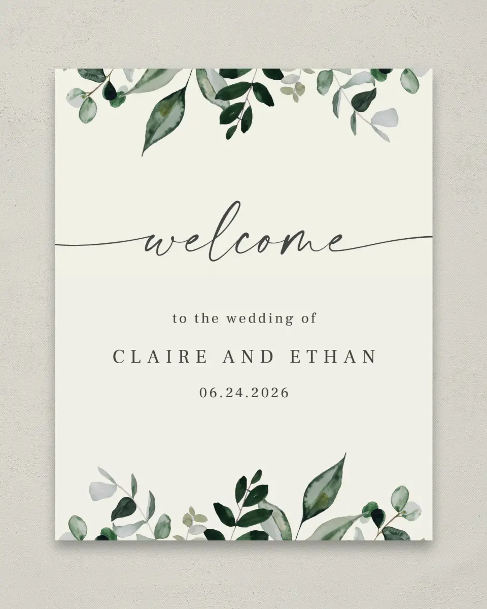 This is a 8" x 10" Welcome Sign called Eucalyptus Greenery printed in full color