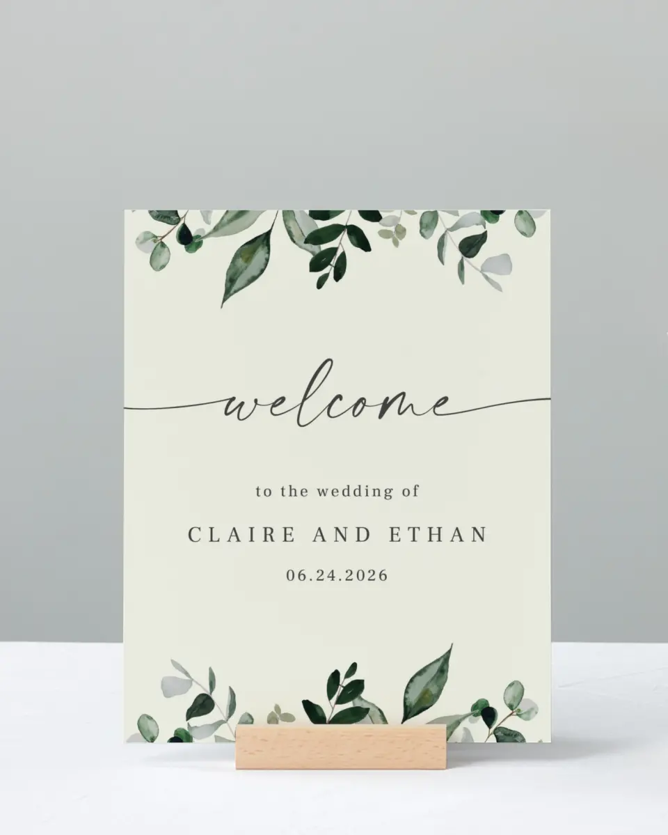 This is a 8" x 10" Welcome Sign called Eucalyptus Greenery printed in full color