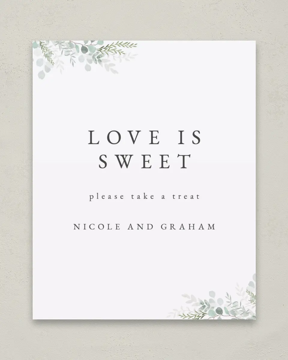 This is a 8" x 10" Favor Sign called Elegant Greenery printed in full color with Gold foil