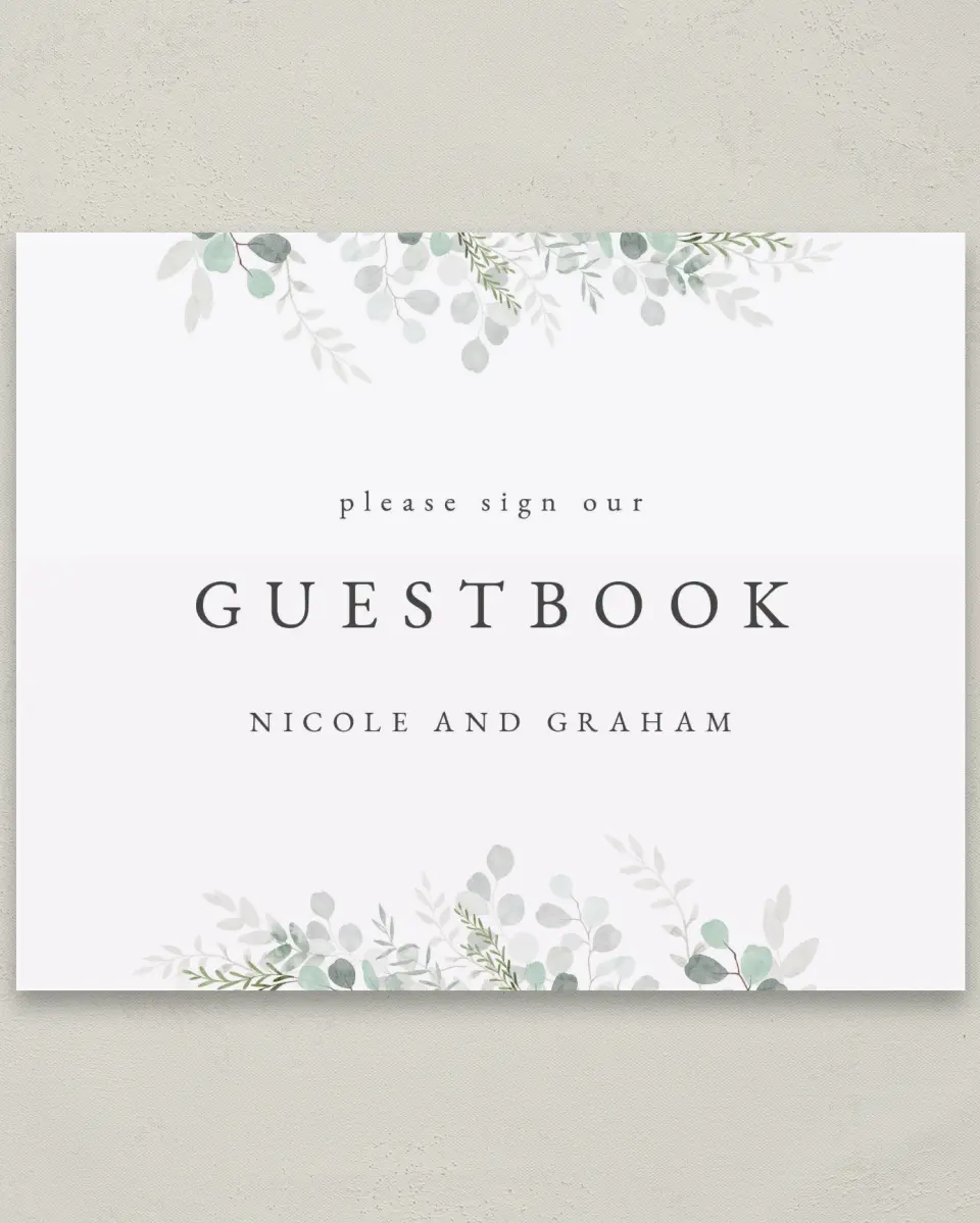 This is a 8" x 10" Guest Book Sign called Elegant Greenery printed in full color
