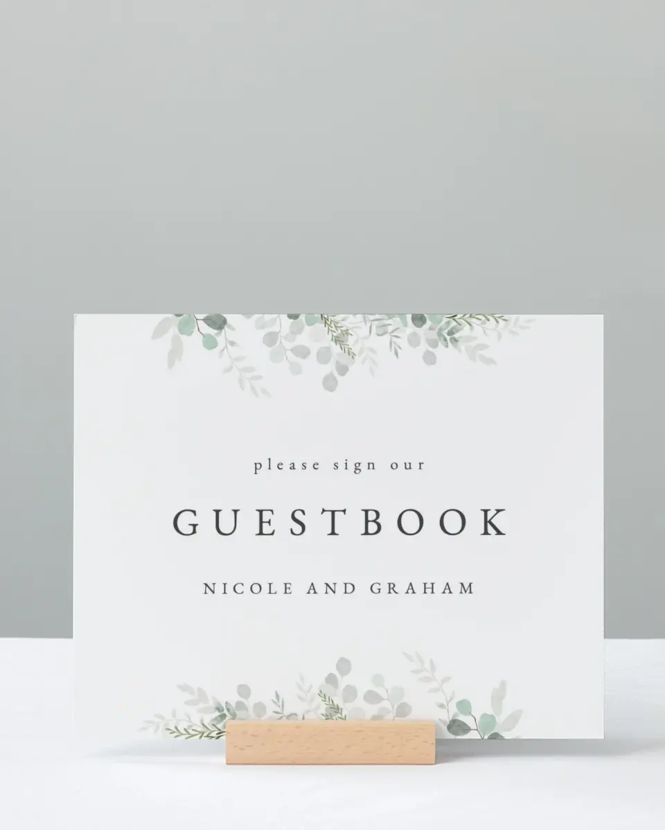This is a 8" x 10" Guest Book Sign called Elegant Greenery printed in full color