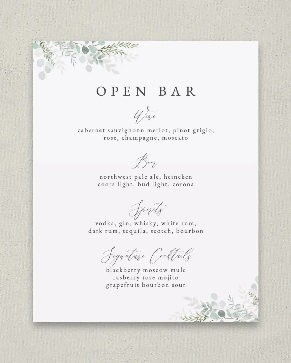 This is a 8" x 10" Menu Sign called Elegant Greenery printed in full color with Gold foil