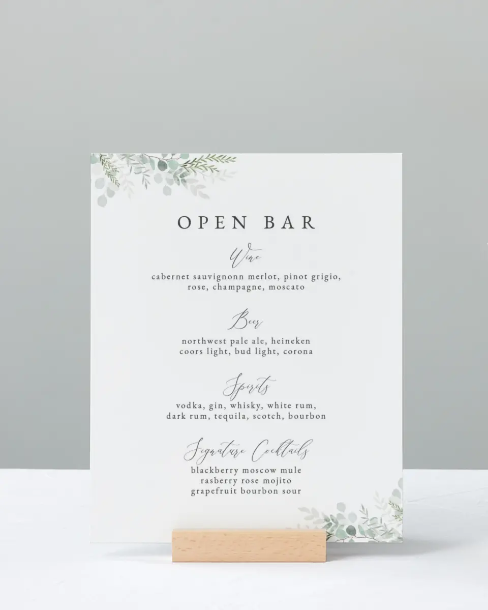 This is a 8" x 10" Menu Sign called Elegant Greenery printed in full color with Rose Gold foil