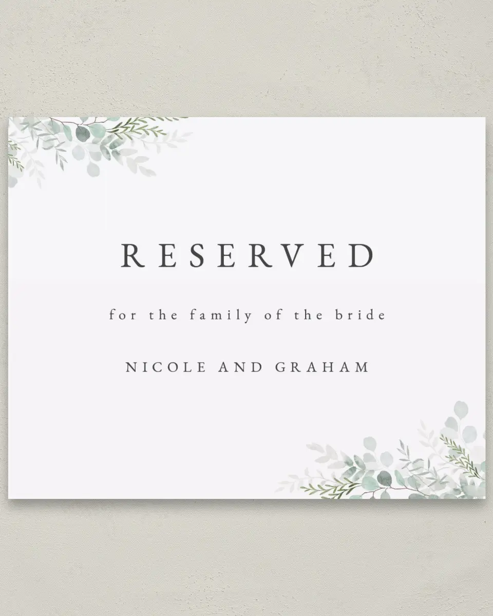 This is a 8" x 10" Reserved Seating Sign called Elegant Greenery printed in full color