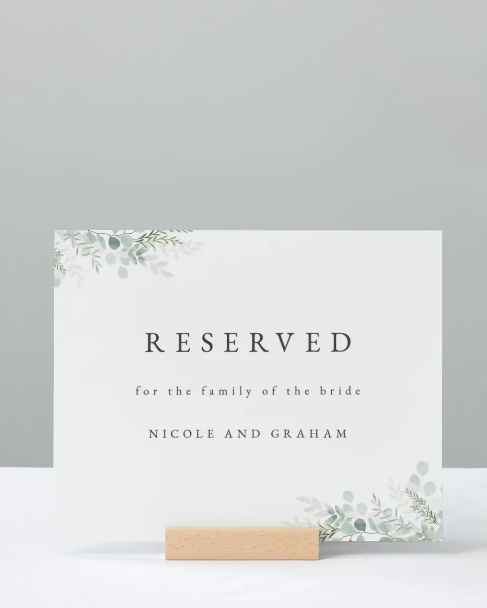 This is a 8" x 10" Reserved Seating Sign called Elegant Greenery printed in full color