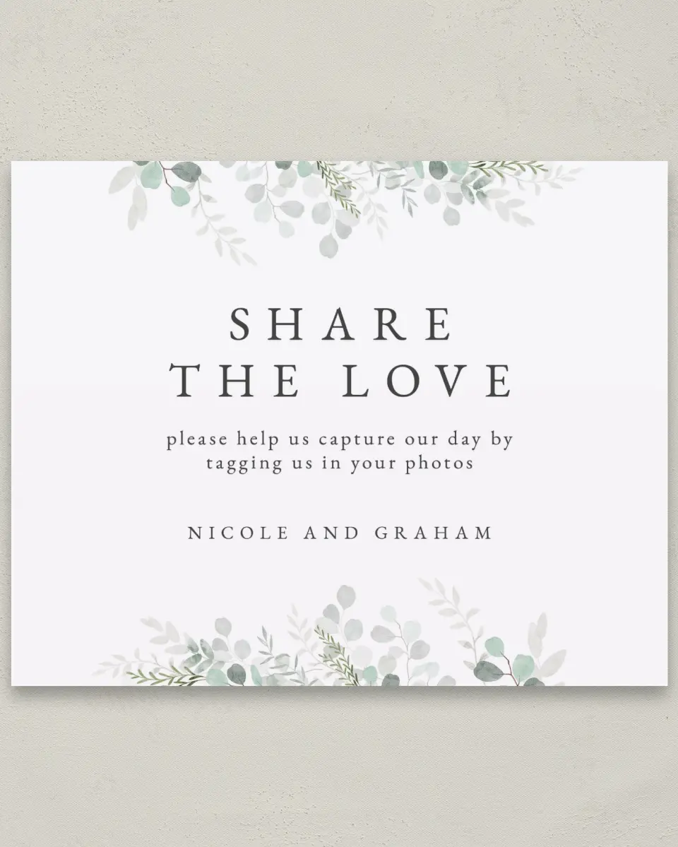 This is a 8" x 10" Share the Love Sign called Elegant Greenery printed in full color with Silver foil