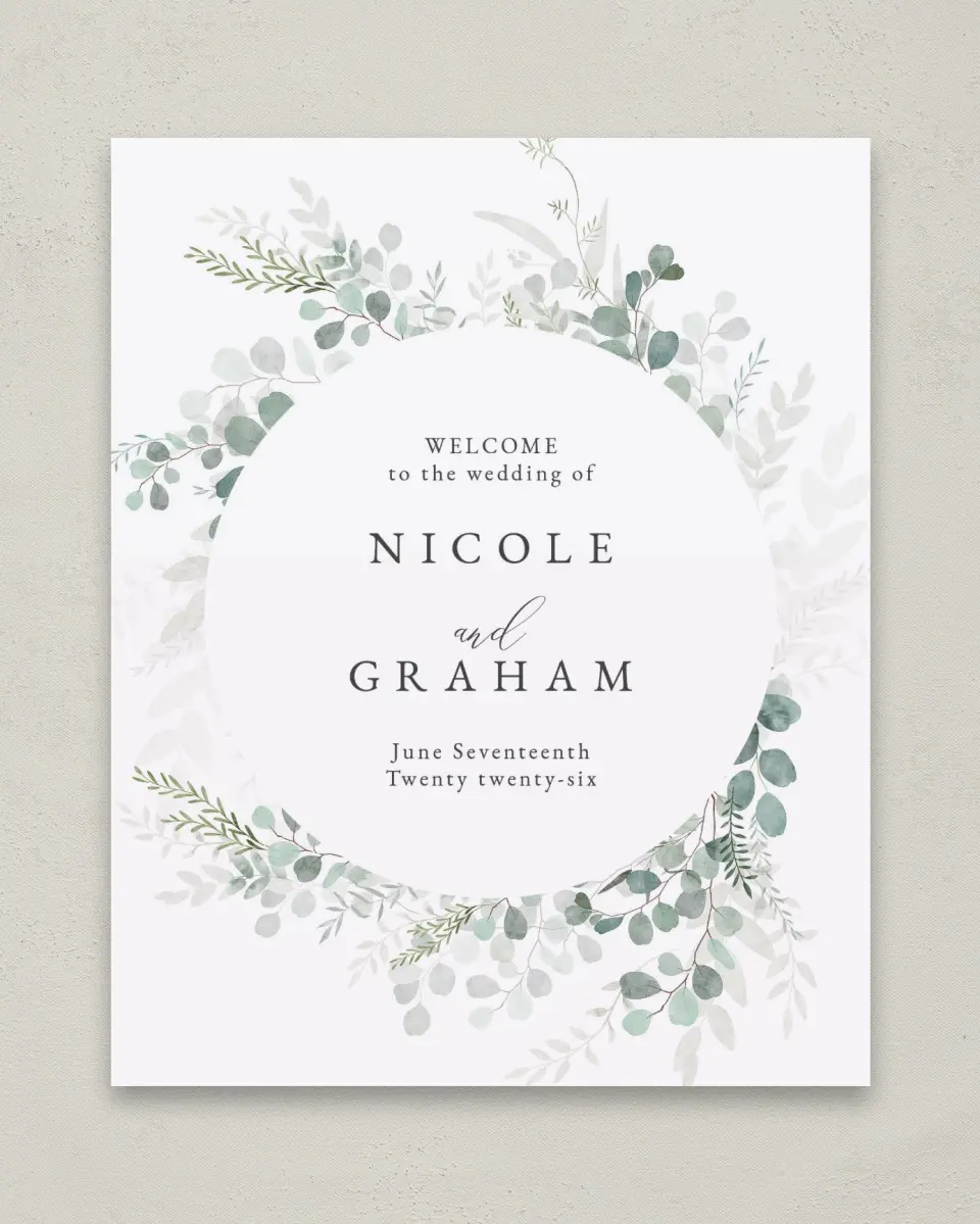 This is a 8" x 10" Welcome Sign called Elegant Greenery printed in full color