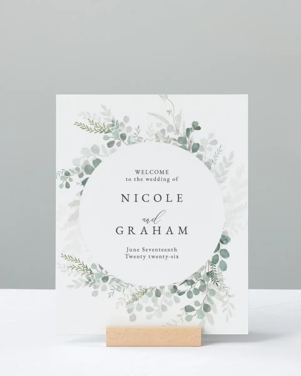 This is a 8" x 10" Welcome Sign called Elegant Greenery printed in full color