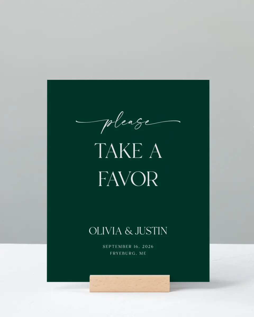 This is a 8" x 10" Favor Sign called The Olivia printed in full color with Gold foil