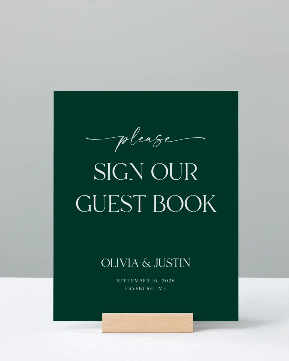 This is a 8" x 10" Guest Book Sign called The Olivia printed in full color with Gold foil