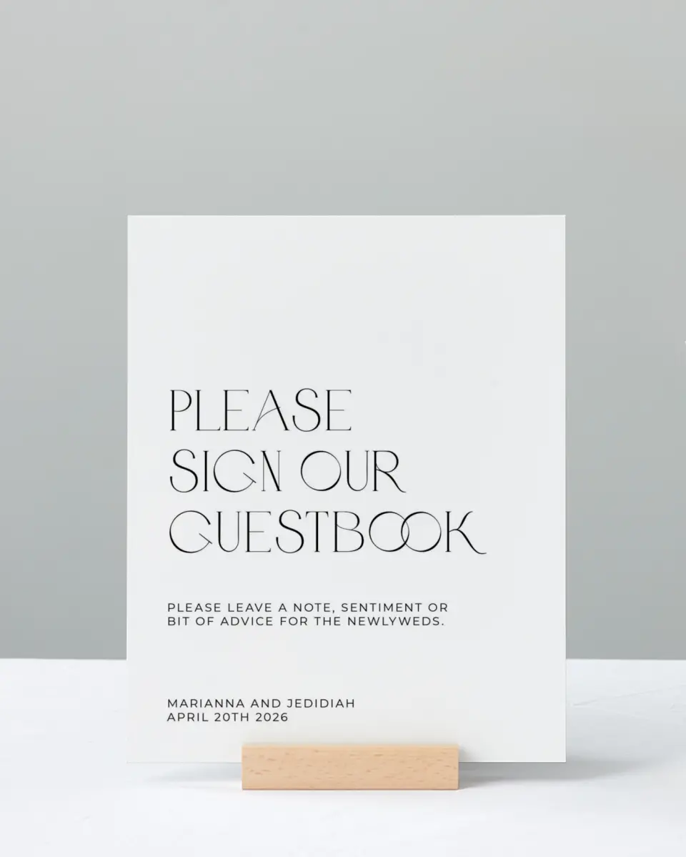This is a 8" x 10" Guest Book Sign called Blissful Vows printed in full color with Silver foil