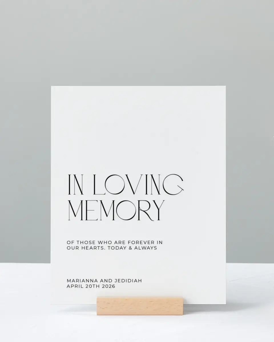 This is a 8" x 10" Loving Memory Sign called Blissful Vows printed in full color with Rose Gold foil