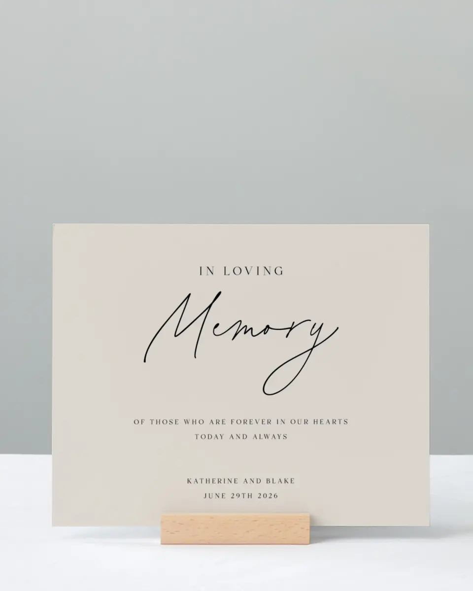 This is a 8" x 10" Loving Memory Sign called Simple Elegance printed in full color with Rose Gold foil