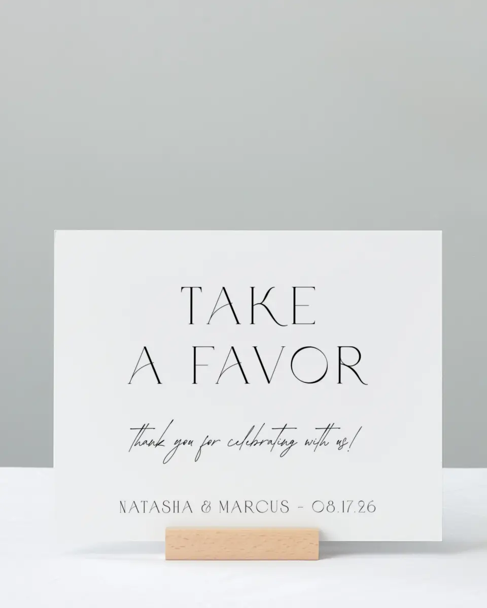 This is a 8" x 10" Favor Sign called Understated Elegance printed in full color