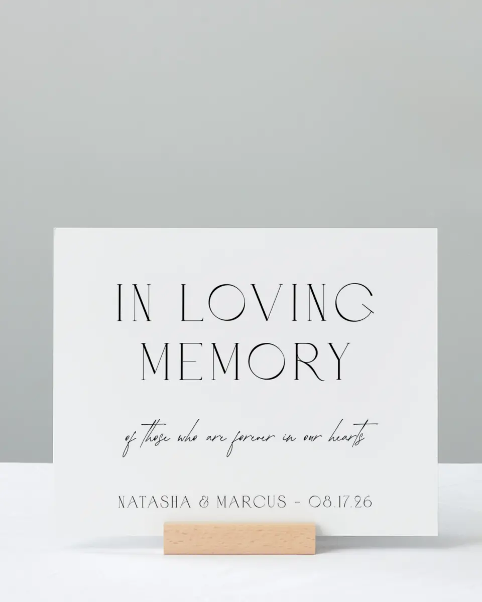 This is a 8" x 10" Loving Memory Sign called Understated Elegance printed in full color with Rose Gold foil