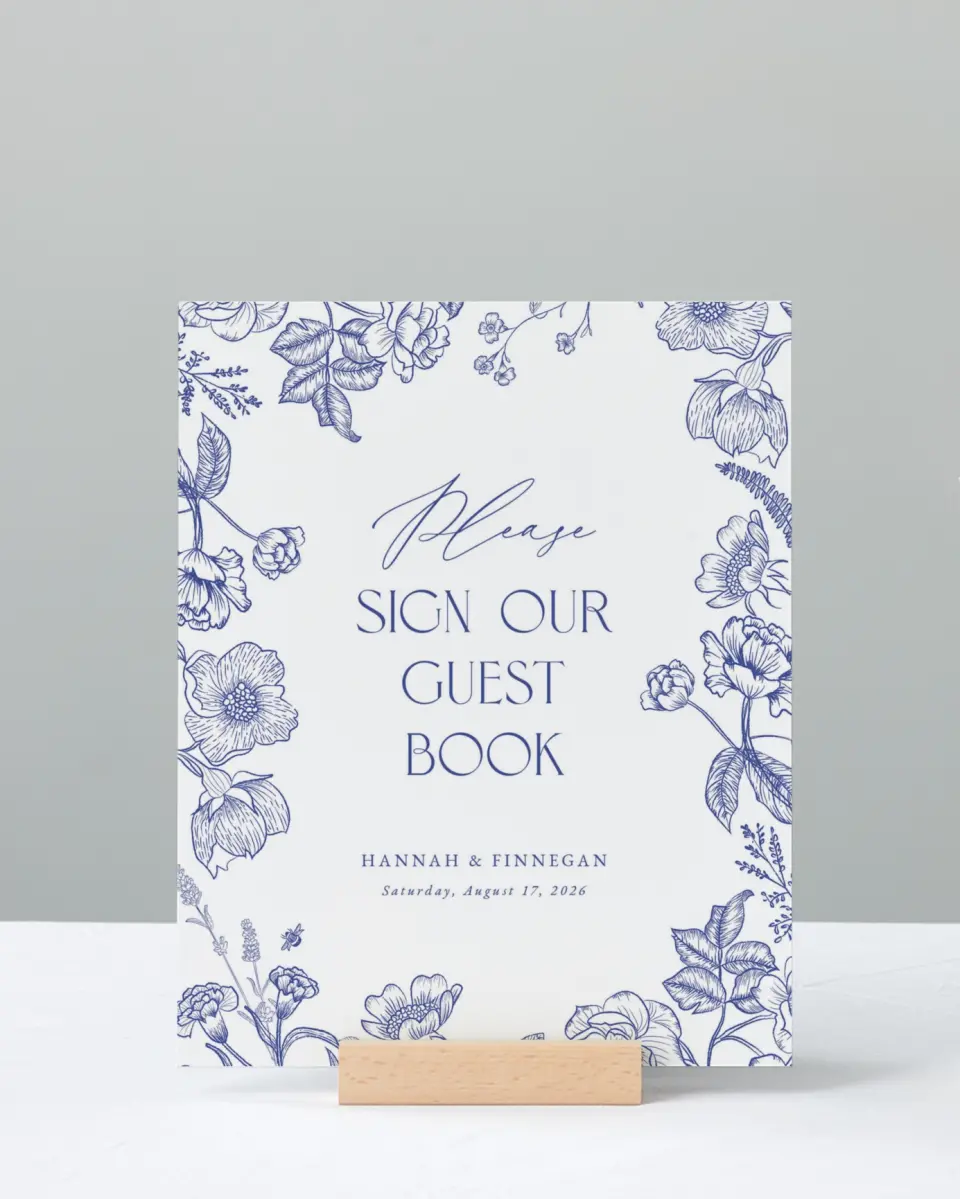 This is a 8" x 10" Guest Book Sign called Modern Chinoiserie printed in full color with Gold foil