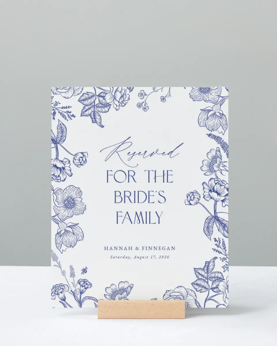 This is a 8" x 10" Reserved Seating Sign called Modern Chinoiserie printed in full color with Gold foil