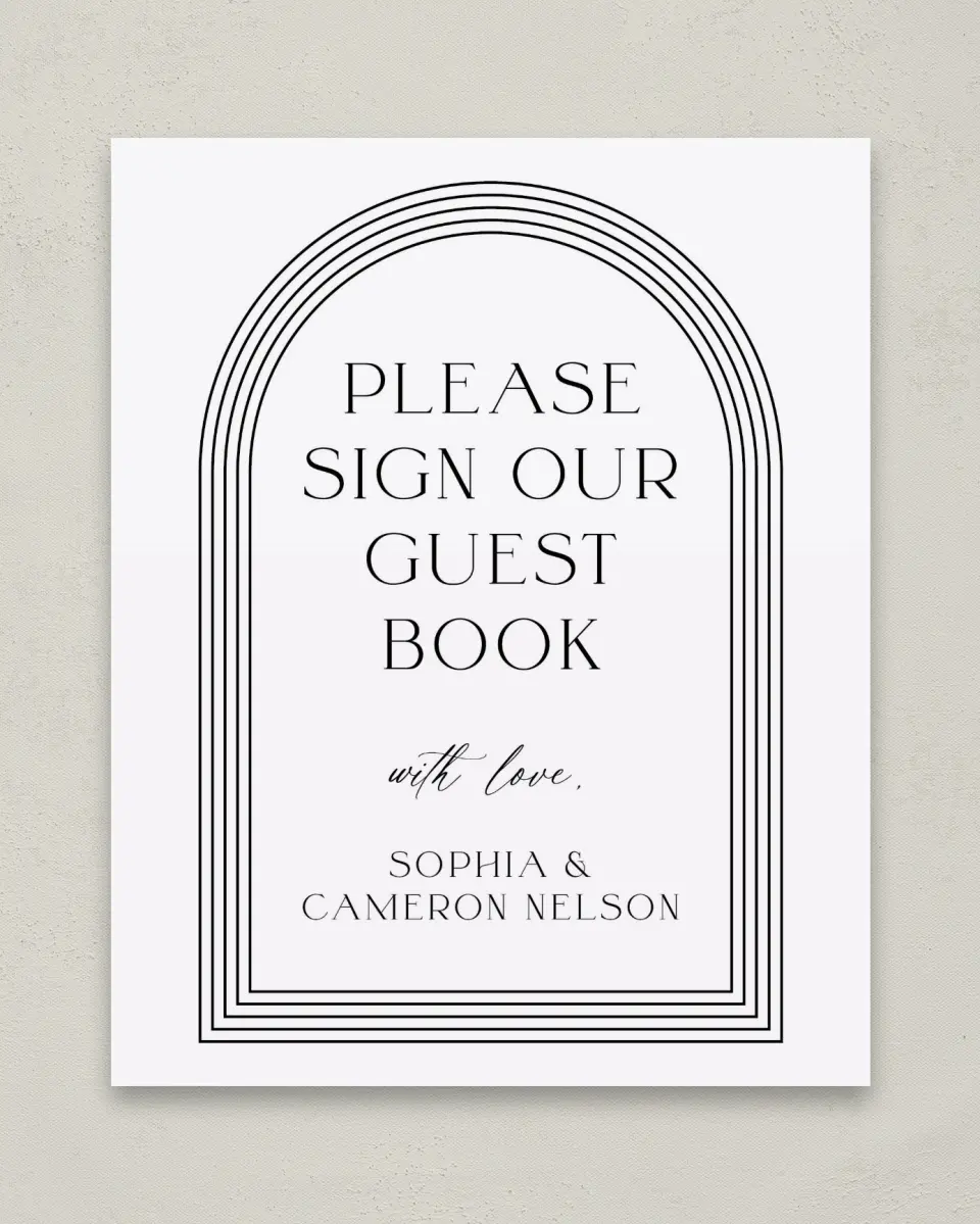 This is a 8" x 10" Guest Book Sign called Passionate Arch printed in full color with Silver foil