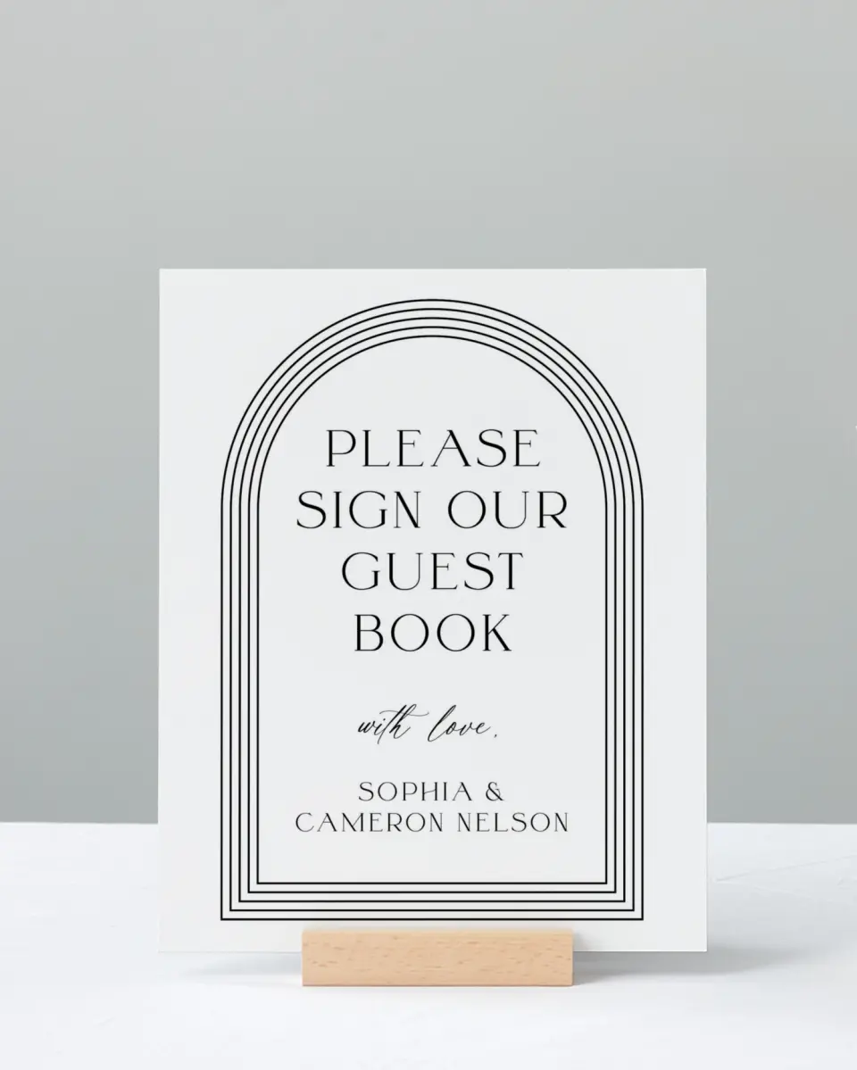 This is a 8" x 10" Guest Book Sign called Passionate Arch printed in full color with Gold foil