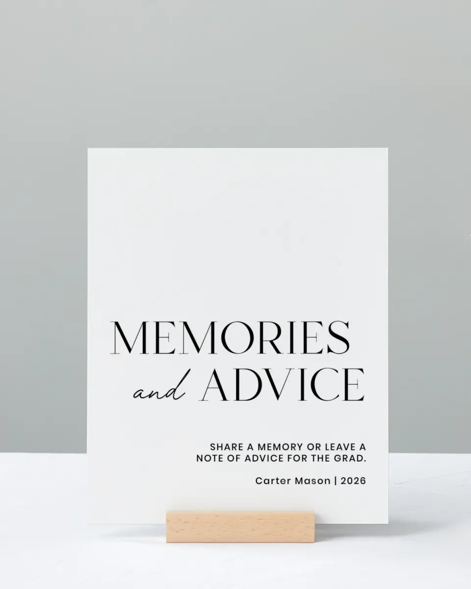 This is a 8" x 10" Memory & Advice Grad Sign called Classy Cool Grad printed in full color with Silver foil