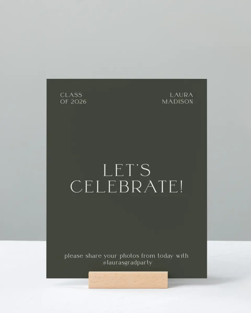 This is a 8" x 10" Let's Celebrate & Snap a Photo Grad Sign called New Beginnings printed in full color with Silver foil