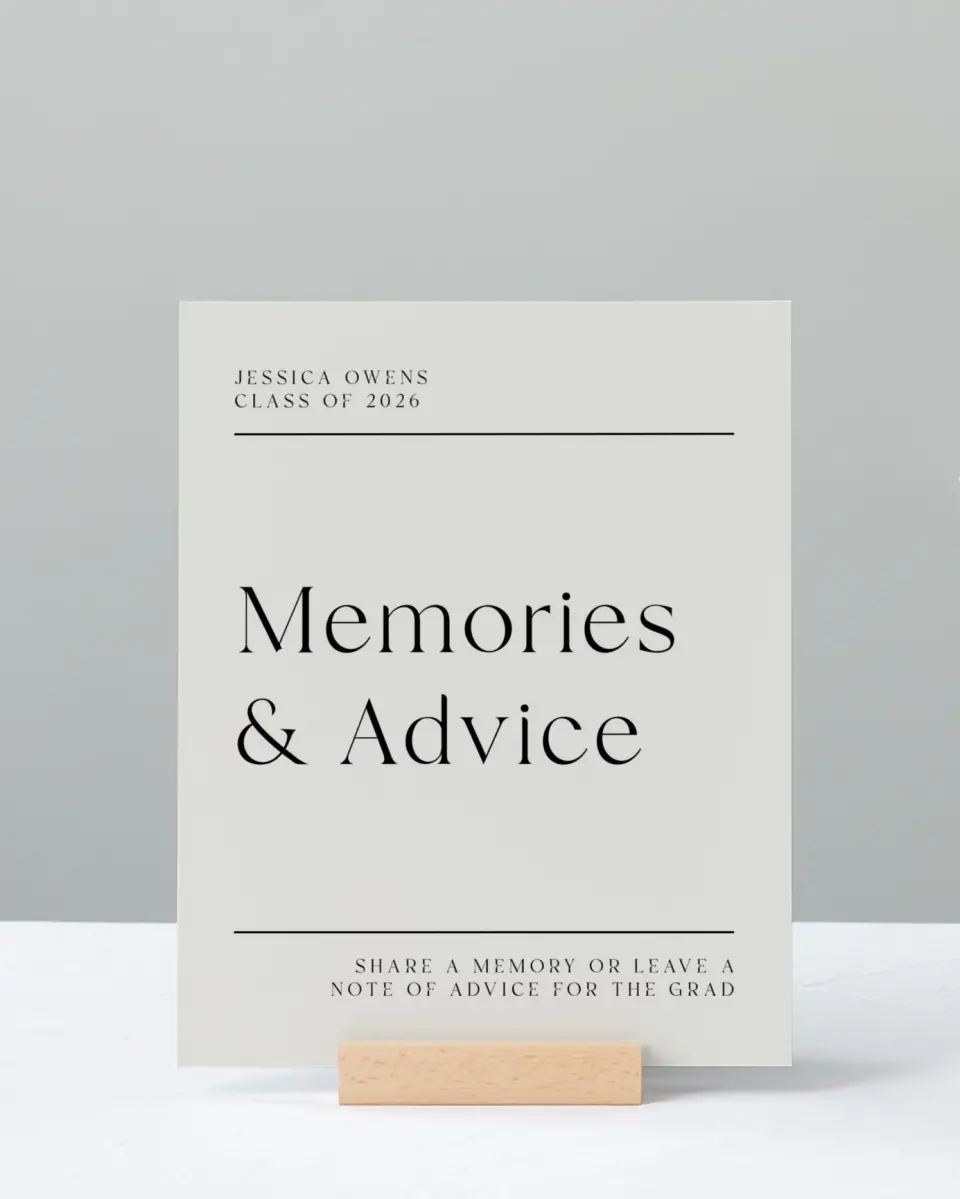 This is a 8" x 10" Memory & Advice Grad Sign called Start of Something New printed in full color with Silver foil